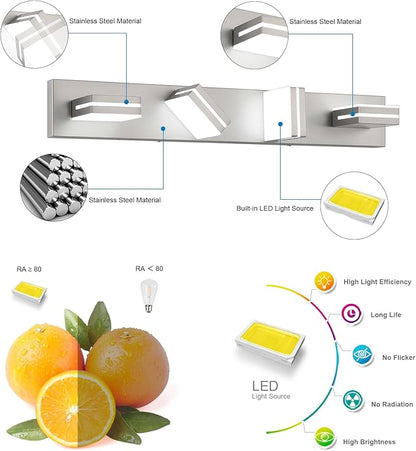 SineRise LED Modern Bathroom Vanity Light Fixtures (4-Light, 30-Inch, Dimmable), Brushed Nickel Modern Acrylic Bathroom Wall Lighting Fixtures Over Mirror (Cool White 6000K)