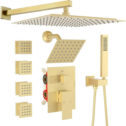 Enga Dual Shower Head System with Body Jets, 12"+ 6" Wall Mounted Dual Rain Shower Faucet with Valve Kit, Brushed Gold