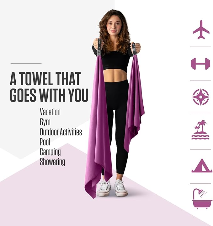 VENTURE 4TH Quick Dry Towel. Microfiber Travel Towel Ideal for Camping, Hiking, Backpacking, Gym. Lightweight & Fast Drying Travel Towels for Body. Compact & Easy to Pack - Purple Medium