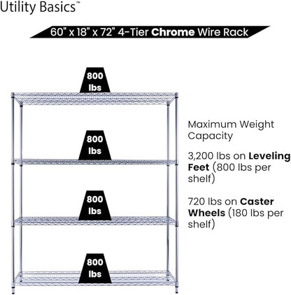 NSF Commercial 4-Tier Wire Shelving with Wheels, 60"x18"x72" Heavy Duty Metal Shelves 3200 lbs Max Capacity, Chrome Storage Rack for Garage Kitchen Pantry Warehouse