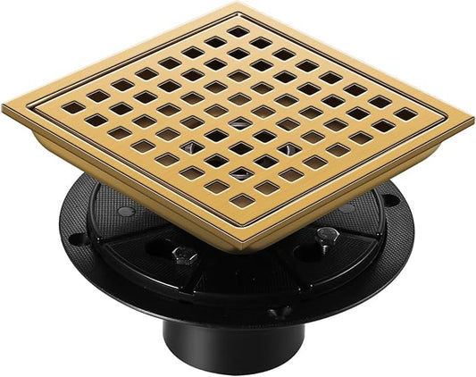 Shower Drain, Brushed Gold 6 inch Shower Floor Square Drain with Flange, Removeable Grid Panel SUS 304 Stainless Steel Square Shower Drain