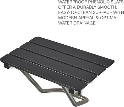 32-inch x 15-inch ADA Folding Wall Mount Bathroom Shower Seat Bench, Black Slatted Phenolic Seat