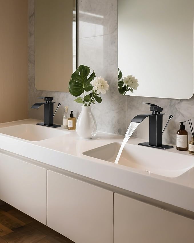 Bathroom Faucets with Lift Rod Drain Mater Black Waterfall Bathroom Sink Faucet Modern Single Handle Bathroom Faucet for 1 or 3 Hole Mxier Tap Washbasin Faucet with Deck