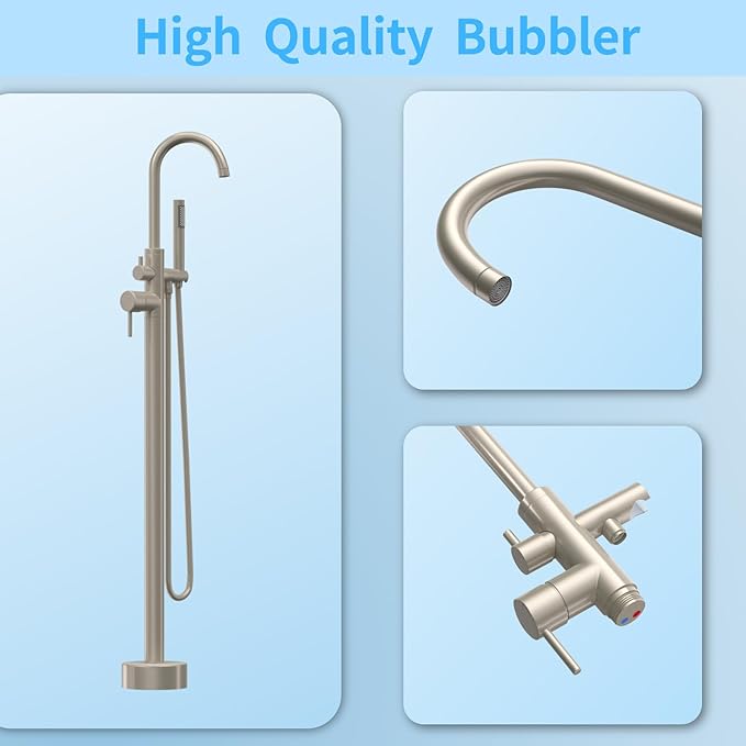 Freestanding Tub Filler Brushed Nickel Floor Mount Bathtub Faucet Bathroom,Rough-in Valve 2 Function Handshower for Tub Rinsing Bathing,Anti-Wobble Base,Cylinder Handheld