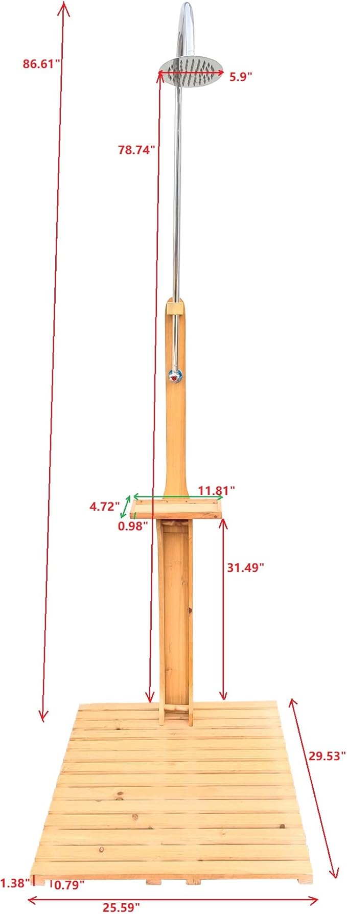 Outdoor Wooden Pool Shower with Base Platform, Solid Wood Garden Shower with Storage Shelf & Adjustable Water Control for Swimming Pool Patio Terrace Backyard, Teak