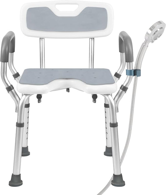 Shower Chair with Arms and Back Heavy Duty 330lbs, Shower Seat for Inside Shower with Shower Head Holder, Shower Bathroom Chair with Cutout Seat & Cold-Proof Pads, Tools-Free Assembly
