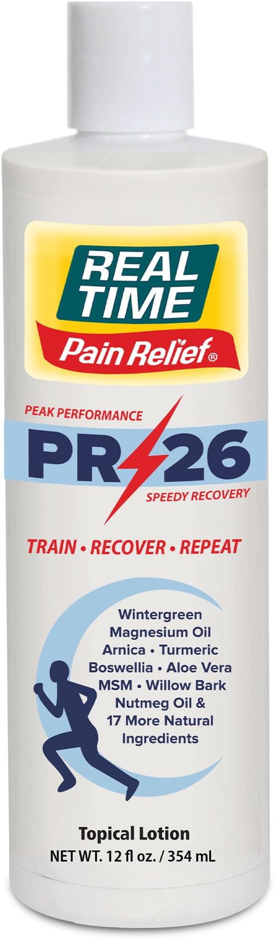 PR-26 by Real Time 12 fl oz Recovery Topical Lotion for Athletes - 26 Natural Ingredients Including Arnica, Magnesium Oil, Turmeric - Pre & Post Workout Muscle + Joint Rub for Your Athletic Lifestyle