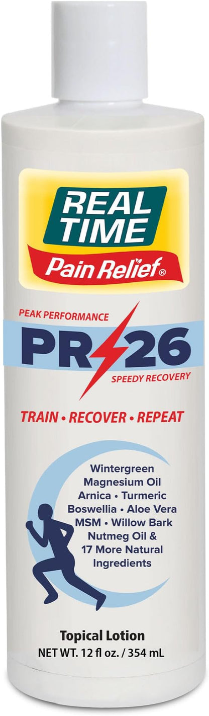 PR-26 by Real Time 12 fl oz Recovery Topical Lotion for Athletes - 26 Natural Ingredients Including Arnica, Magnesium Oil, Turmeric - Pre & Post Workout Muscle + Joint Rub for Your Athletic Lifestyle