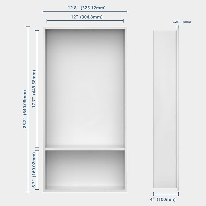 Homevacious 13" X 25" Stainless Steel Shower Niche No Tile Needed Double Shelves White Bathroom Shelf Rimless Recessed Wall Niche for Bathroom Storage