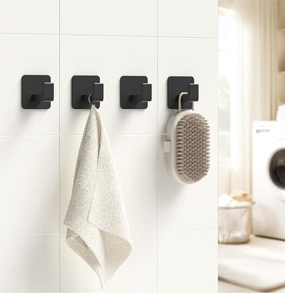 Square Self Adhesive Towel Hooks - 4 Pack Matte Black Metal Hooks, Right-Angle Design for Towels, Robes & Hats, Organize Bathroom, Kitchen, Entryway, Doors, Cabinets on Smooth Surfaces