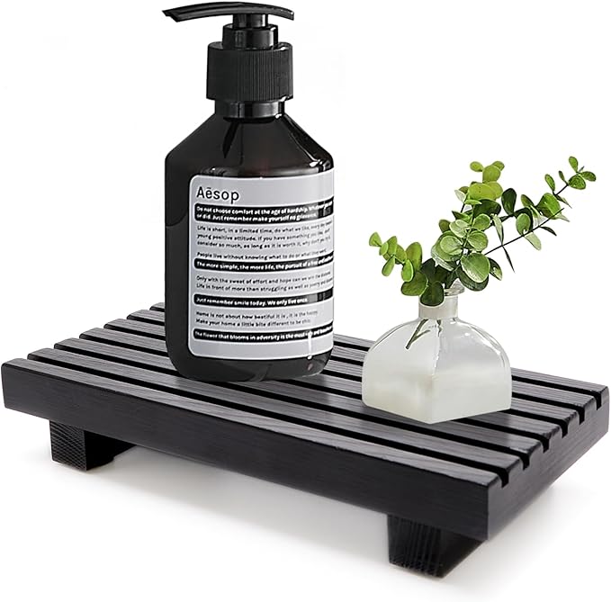 Small Black Bathroom Decor Tray for Counter Dish Soap Holder Wooden Pedestal Stand for Kitchen Sink Soap Dispenser Wood Risers Kitchen Accessories Countertop Vanity Counter Sponge Sink Tray