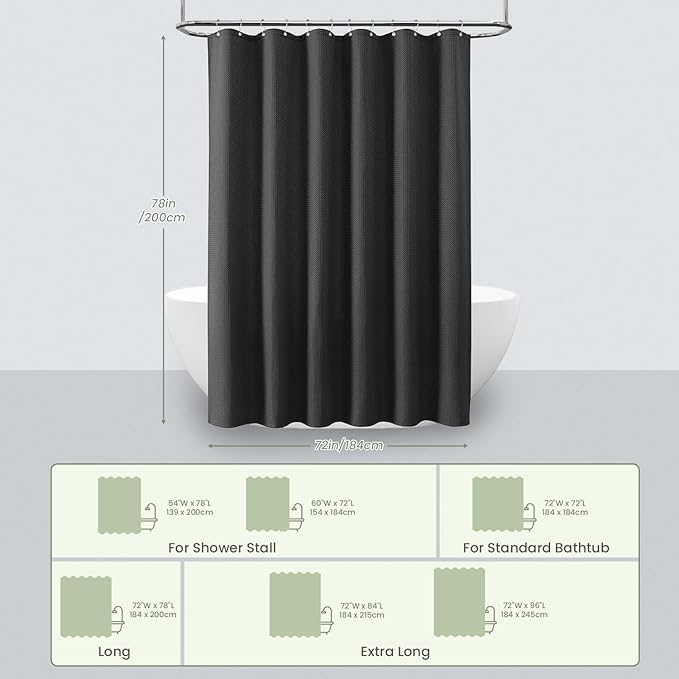 Inhousolu Fabric Shower Curtain Waffle Weave, 230 GSM Heavy Duty, Weighted Hem, 14 Metal Hooks, Water Repellent, Machine Washable, Hotel Spa Luxury Bath Curtain Set, 72 x 78 Inch, Black