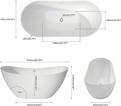 60" Acrylic Freestanding Bathtubs, High-back Stand Alone Tub, Soaking Tubs for Bathroom, Integrated Overflow and Drain, cUPC Certified, Gloss White