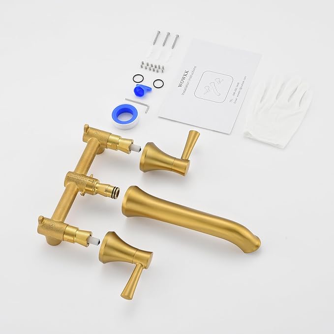 Wall Mount Tub Filler Brass Tub Faucet Brushed Gold Bathroom Bathtub Faucets with 2 Handles