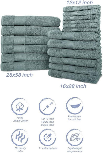 Hencely 18-Piece Bath Towel Set - High Absorbency, Quick Drying - 100% Soft Turkish Cotton - 6 Bath Towels, 6 Hand Towels, 6 Washcloths - for Bathroom, Home, Hotel, Spa, and Gym - 18-Pack Dark Green
