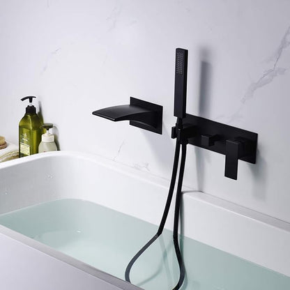 sumerain Bathtub Wall Faucet Matte Black with Waterfall Spout and Hand Shower, High Flow