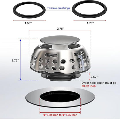 Bathtub Drain Stopper, Pop Up Tub Stopper with Strainer, Shower Drain Hair Catcher, Bath Tub Plug for 1.50"-1.75" Bath Drain Hole