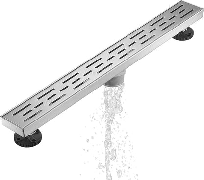 Sharp-tec Linear Shower Drain, 24 inch Shower Drain with Removable Pattern Cover, Brushed Nickel 304 Stainless Steel Rectangle Floor Drain, Adjustable Feet and Hair Strainer Included (Model 101)