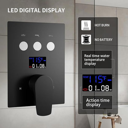 Bathroom shower system Ceiling 14x20 inch shower head, spray with handle, 6 PCS Body Jet and Handheld, temperature display shower faucet set (Matte Black)