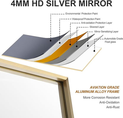 24x36 Inch Gold Bathroom Mirror - Copper-Free Mirror, Aluminum Alloy Frame Vanity Rectangle Wall Mounted Modern Mirror for Bedroom/Living Room/Porch Horizontal or Vertical