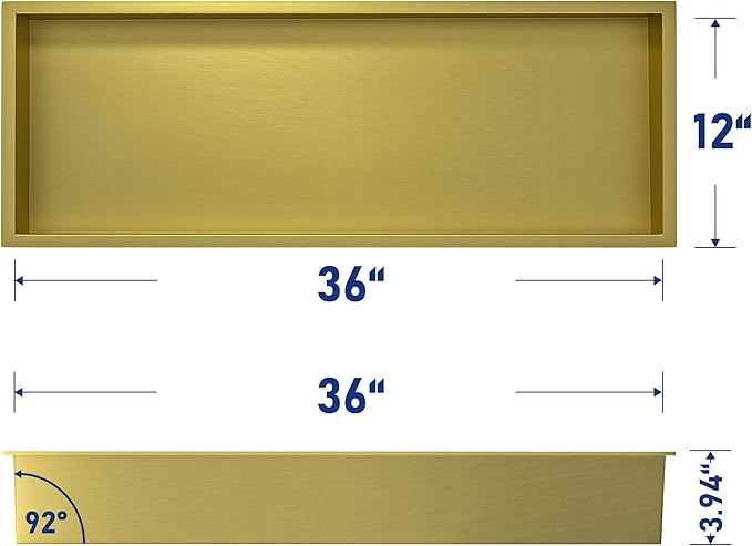 Stainless Steel Shower Niche 36" X 12" Gold No Tile Needed Niche Shower Recessed Wall Horizontal Niches for Bathroom Storage Over Mount Installation