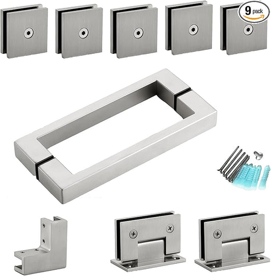 Shower Door Hardware Kit for Frameless Corner Shower Setup, Includes Hinges, Square Pull Handles, U-Clamps and Connector, for 5/16"–3/8" Glass, Bathtub or Standing Shower Use, Brushed Nickel