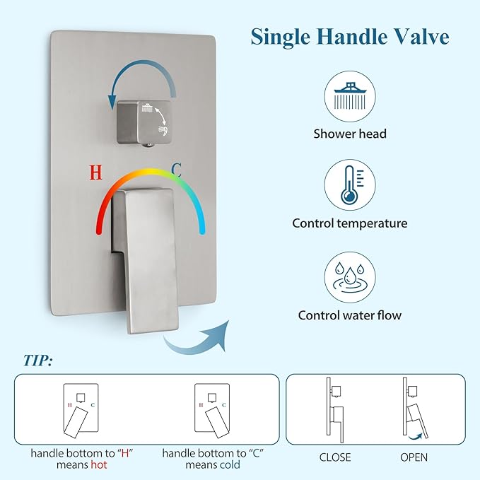 Brushed Nickel Square Shower Head with Handheld Set, Rainfall Shower System Modern Wall Mounted Shower Faucet for Bathroom 12 inch (With Shower Valve)