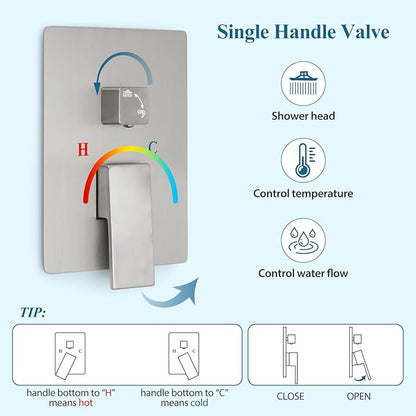 Brushed Nickel Square Shower Head with Handheld Set, Rainfall Shower System Modern Wall Mounted Shower Faucet for Bathroom 12 inch (With Shower Valve)