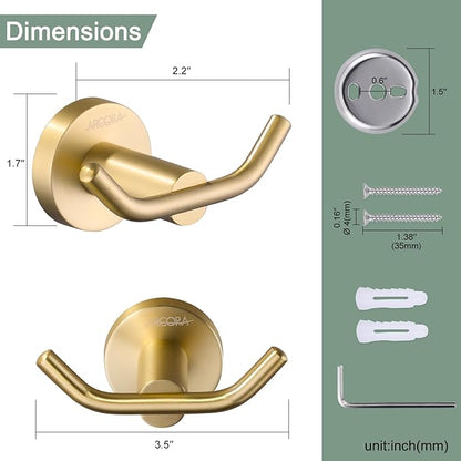 ARCORA Brushed Gold Towel Hooks, SUS 304 Stainless Steel Wall Hooks, Heavy Duty Robe Hooks 1 Pack, Modern Towel Hooks for Bathroom