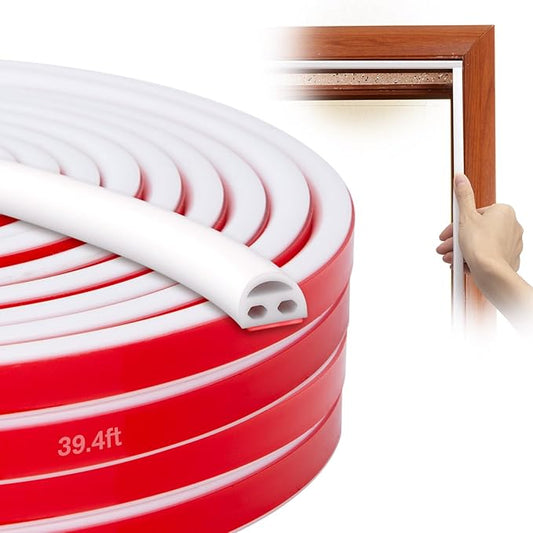 Silicone Door Seal - 39ft Weather Stripping, Soundproof, Self-Adhesive (White)