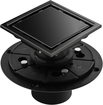 Hidden Brushed Square Shower Floor Drain, Black 4 inch, 304 Stainless Steel, with Flange, Detachable Cover Embedded in Ceramic Tiles