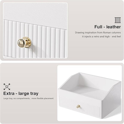 Makeup Organizer,Leather Skin Organizer with 1 Drawer&Tray,Luxury Beige White Makeup Storage for Perfume,Bedroom,Bathroom,Gifts for Women,Womens Gifts (White, 1-Drawer)