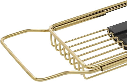 Bathtub Tray Caddy for Luxury Bath, Stainless Steel 26.8-35.4 in Expandable Extra Wide Bath Tub Tray with Natural Marble and Mobile/Tablet Stand, Ideal for Home Spa Lovers (Gold + Black)
