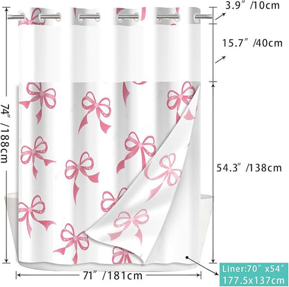 Cute Pink Bow No Hook Shower Curtain Set with Snap in Fabric Liner for Bathroom,with See Through Top Window,Double Shower Curtain with Detachable Liner Replacement,Machine Washable,71"x 74"