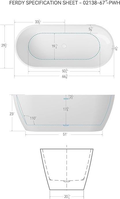 FerdY 67" Bali Elite Acrylic Freestanding Bathtub, Gracefully Shaped Freestanding Soaking Bathtub, cUPC Certified, Toe-Tap Polished White Drain & Minimalist Linear Design Overflow
