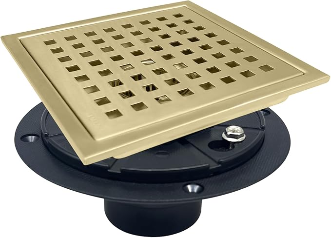 4 Inch Square Shower Drain with Flange, Removeable Grate SUS 304 Stainless Steel Shower Drain with Hair Catcher (Brushed Gold, 4 Inch)