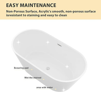 Logmey 59" Acrylic Freestanding Bathtub White Oval Shape Soaking Tub with Chrome Drain & Overflow Assembly for Classic Modern Bathrooms