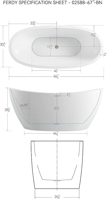 FerdY Naha 67" Freestanding Bathtub, Curve Edge Soaking Bathtub with Brushed Nickel Drain and Minimalist Linear Design Overflow, Easy to Install 588