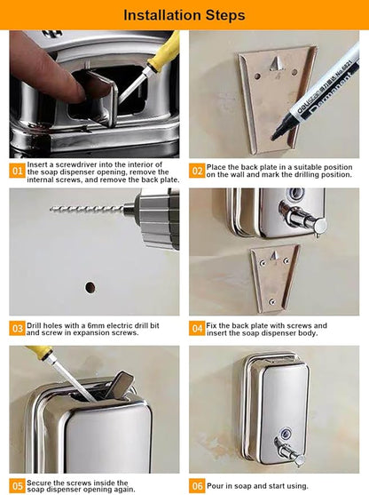 Wall Mounted Soap Dispenser for Bathroom Commercial Wall Liquid Dispenser Stainless Steel Hand Sanitizer Dispenser for Kitchen Garage Office Hotels Restaurants or Home Use 500ml (Chrome Silver)