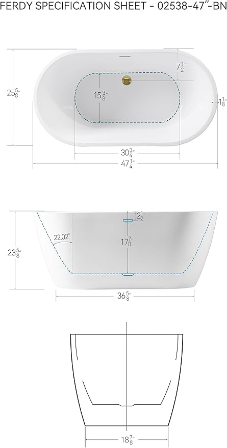 FerdY 47" Bali Acrylic Freestanding Bathtub with Headrest, Gracefully Shaped Soaking Bathtub, cUPC Certified, Toe-Tap Polished Gold Drain& Minimalist Linear Design Overflow& Bath Pillow Included