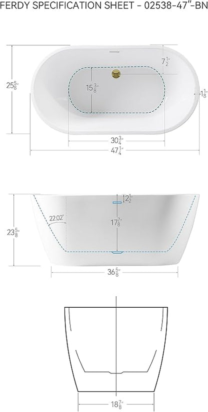 FerdY 47" Bali Acrylic Freestanding Bathtub with Headrest, Gracefully Shaped Soaking Bathtub, cUPC Certified, Toe-Tap Polished Gold Drain& Minimalist Linear Design Overflow& Bath Pillow Included