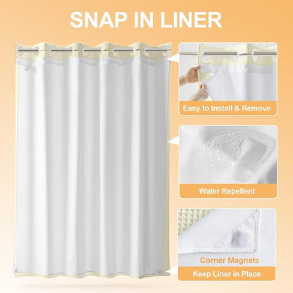 River Dream Cotton Blend Shower Curtain with Snap in Liner, Cream No Hook Shower Curtains for Bathroom, Hotel Grade, Water Repellent, 71" W x74 L