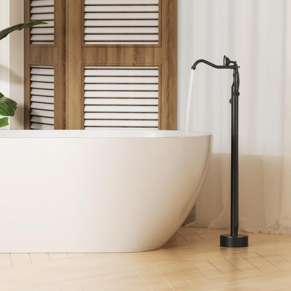 Oil Rubbed Bronze Standing Bathtub Faucet Freestanding Tub Filler High Pressure Single Handle Bathtub Filler Floor Mounted Brass Bathroom Stand Tub Faucets with Handheld Shower