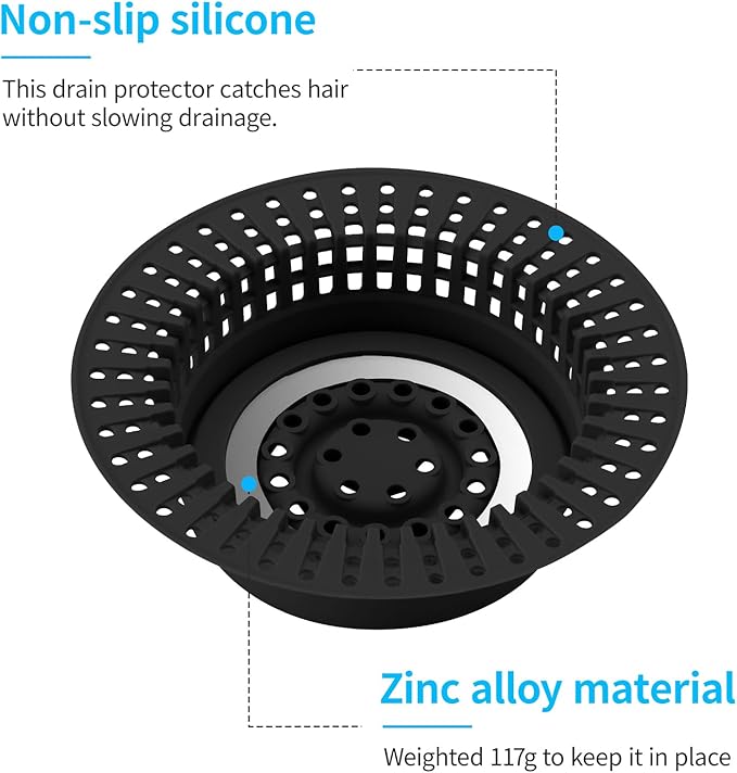 Bathtub Drain Hair Catcher, Shower Hair Drain Catcher Upgraded Protector with Silicone & Stainless Metal Designed for Pop-Up and Regular, Effective Without Slowing Drainage