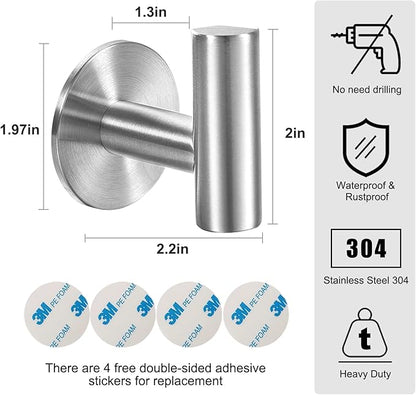 Vuzvuv Adhesive Brushed Nickel SUS304 Stainless Steel Towel Hooks – Heavy Duty Waterproof, Self-Adhesive Coat Robe Hook for Bathroom, Kitchen, Hotel (4-Pack)