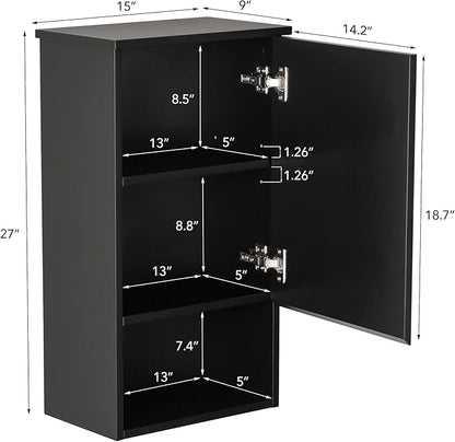 Bathroom Wall Cabinet with Single Door, Soft-Close Hinges, 15x27 inch Wooden Medicine Cabinet for Small Kitchen, Laundry, Entryway, Durable MDF Construction