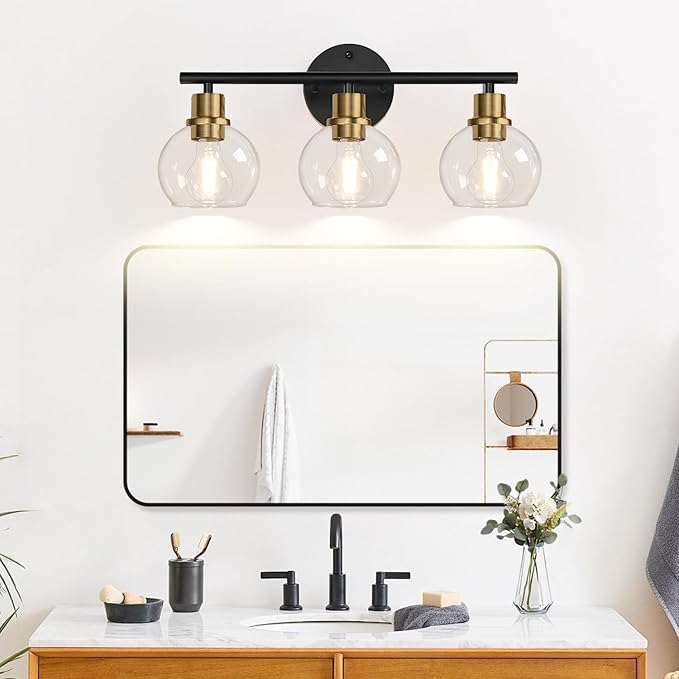 2025 Upgrade 3-Light Bathroom Light Fixtures, Black and Gold Bathroom Lights Over Mirror with Clear Glass Globe Shade, Vanity Lights for Bathroom Kitchen Living Room Hallway Cabinet Bedroom Porch