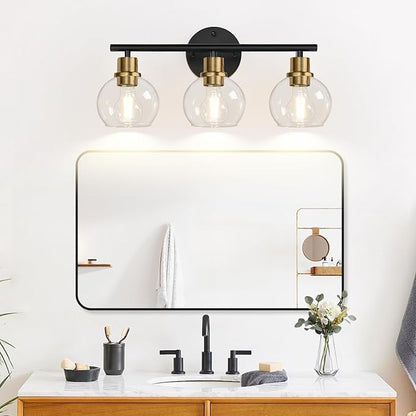 2025 Upgrade 3-Light Bathroom Light Fixtures, Black and Gold Bathroom Lights Over Mirror with Clear Glass Globe Shade, Vanity Lights for Bathroom Kitchen Living Room Hallway Cabinet Bedroom Porch