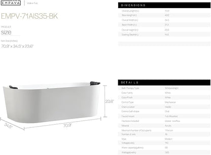 Empava Update Acrylic Whirlpool Bathtub, 71-Inch Freestanding Gracefully Oval Shaped Jetted Bathtub with Healing Chromotherapy, 18 Hydromassage Jets, Single-Ended Bathtubs, Black Nozzles