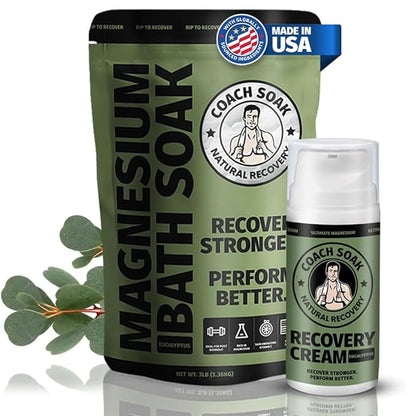 Coach Soak Recovery Bath Soak and Magnesium Lotion with MSM Eucalyptus Tea Tree Bundle (Eucalyptus)